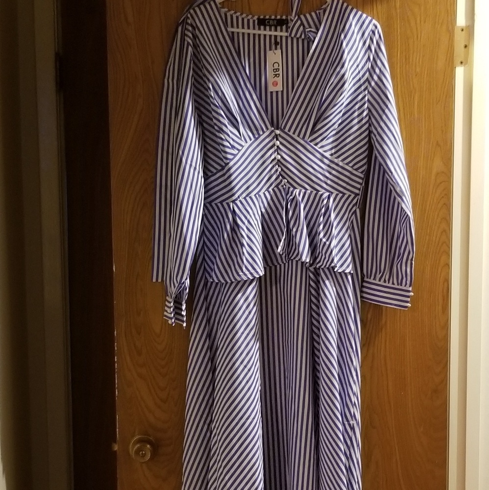 Stripe Lapel Asymmetric Lantern Sleeve Mid-Length